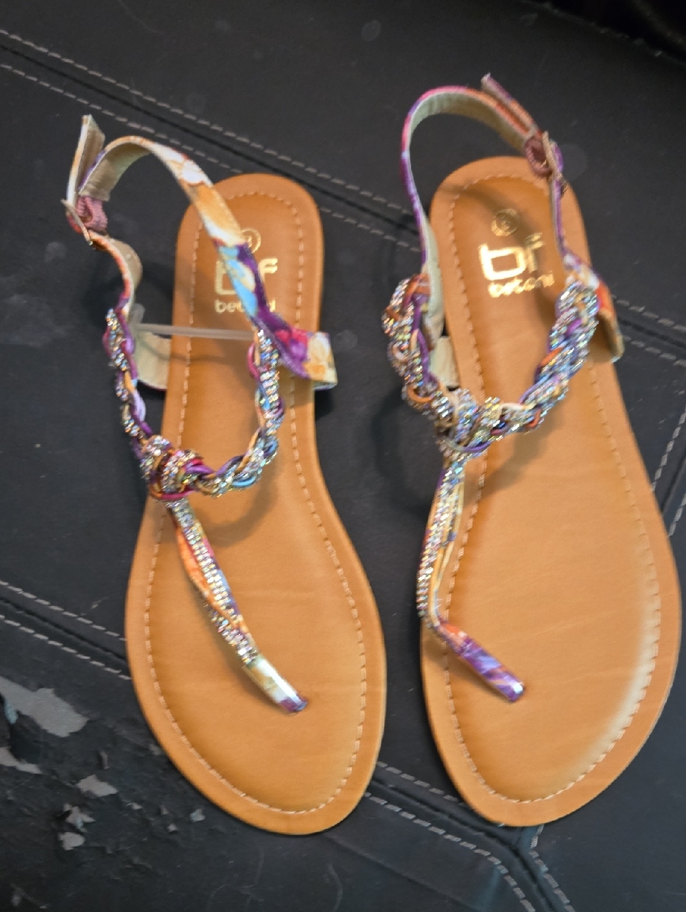 Beira Rio Multicolor Braided T-Strap Sandals - Tan Footbed